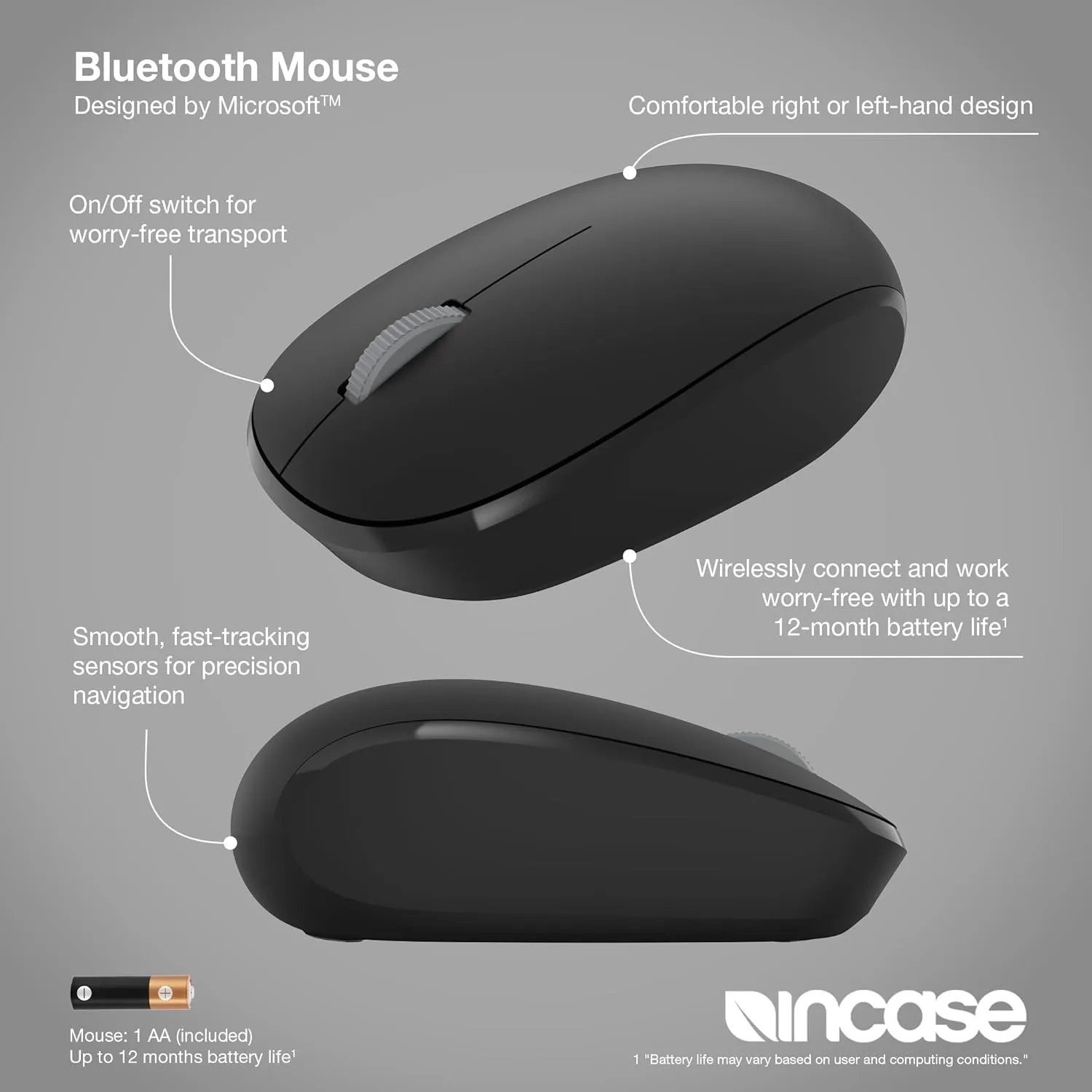Incase Bluetooth Mouse - Designed by Microsoft - Compact, Comfortable, Right/Left Hand Use, 4-Way Scroll Wheel, Wireless Bluetooth Mouse for PC/Laptop/Desktop, Mac/Windows Computer (Black)