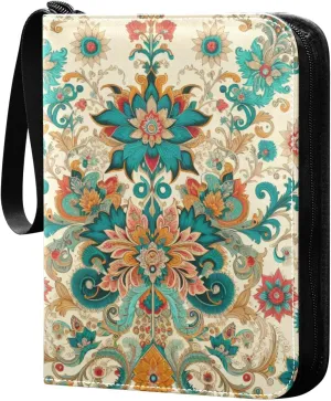 Indian Floral Card Binder 4 Pocket Trading Card Album Fits 400 Sports/Game Cards, PU Cover 3 Ring Card Collection with 50 Removable Sleeves