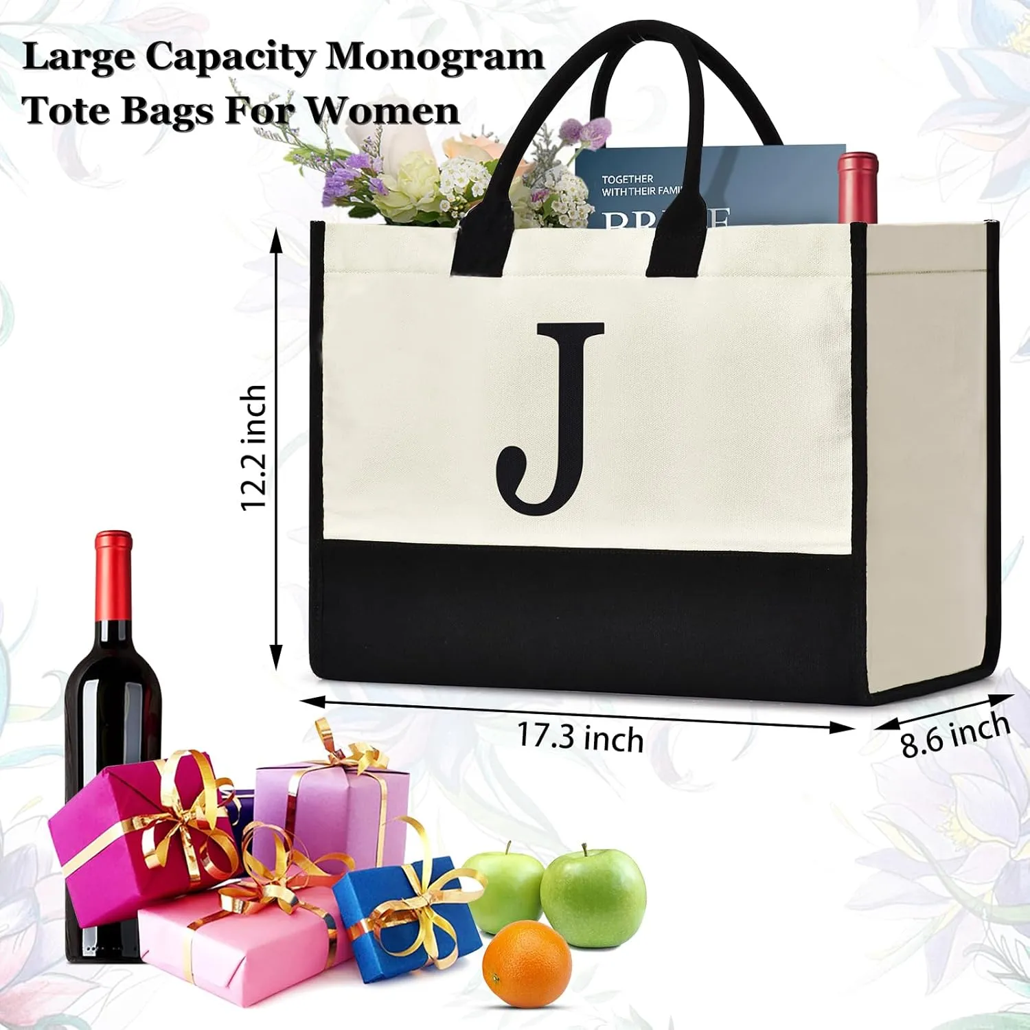 Initial Canvas Tote Bag Birthdays Gift for Women Mom Teacher Friend Bridesmaid,Custom for Wedding Beach Holidays