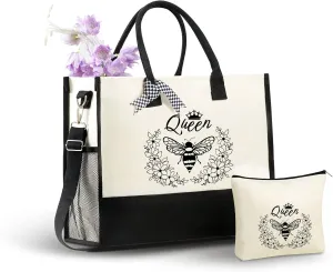 InnoBeta Bee Gifts for Women Canvas Tote Bag, Bee Gifts Tote with Top Zipper Closure and Shoulder Strap for Birthday, Mother's Day, Christmas