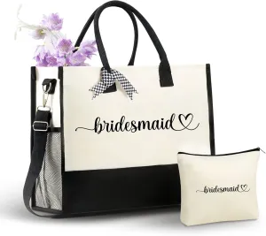 InnoBeta Bridesmaid Gifts Canvas Tote Bag, Bridesmaid Bag with Top Zipper Closure and Shoulder Strap for Wedding Day