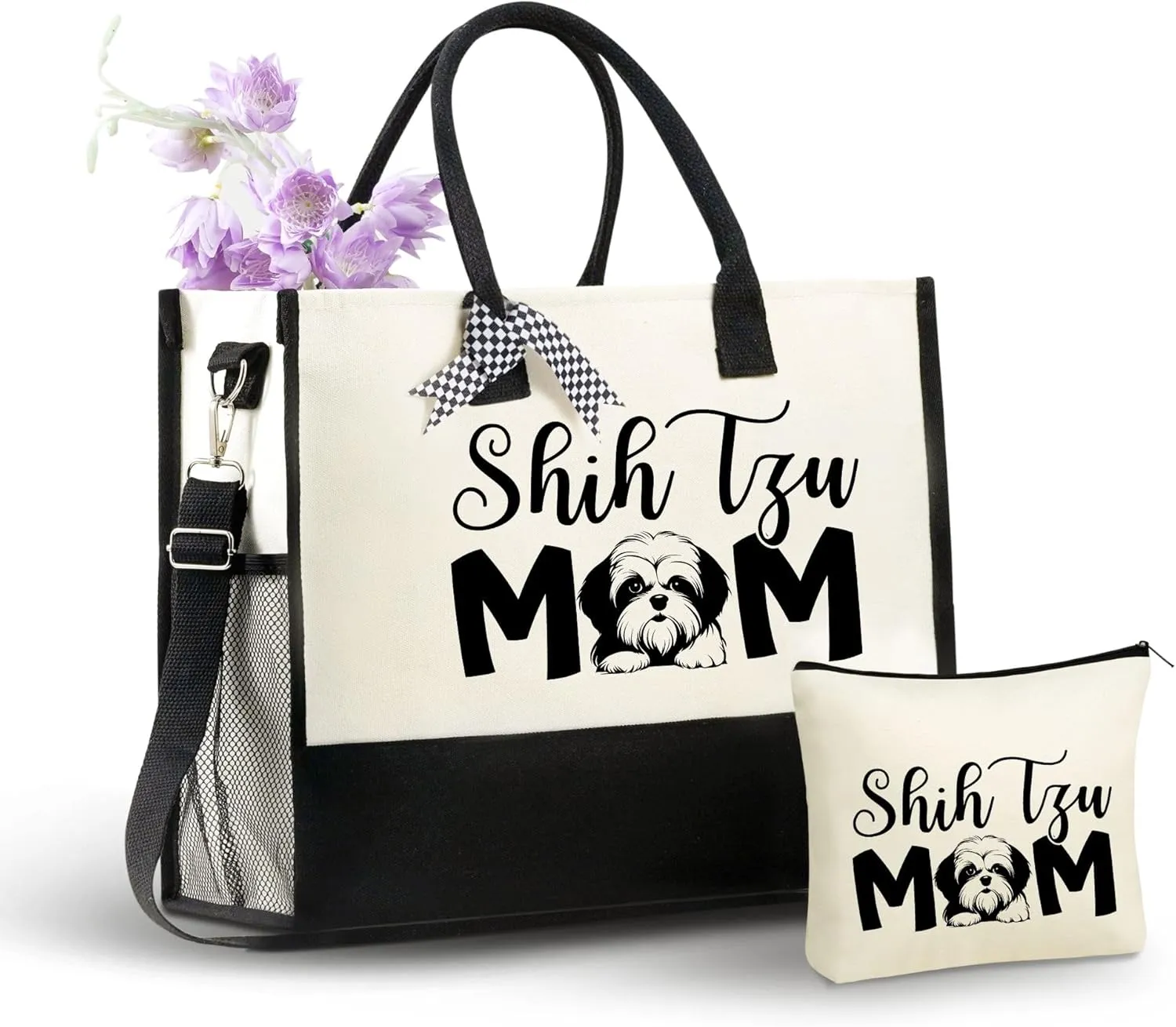 InnoBeta Shih Tzu Gifts for Women Canvas Tote Bag, Shih Tzu Dog Mom Bag with Top Zipper Closure and Shoulder Strap for Birthday, Christmas