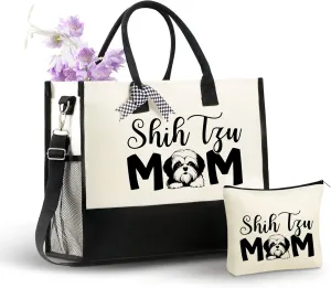 InnoBeta Shih Tzu Gifts for Women Canvas Tote Bag, Shih Tzu Dog Mom Bag with Top Zipper Closure and Shoulder Strap for Birthday, Christmas