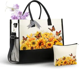 InnoBeta Sunflower Gifts Canvas Tote Bag, Sunflower Bag with Top Zipper Closure and Shoulder Strap for Birthday, Mother's Day, Christmas