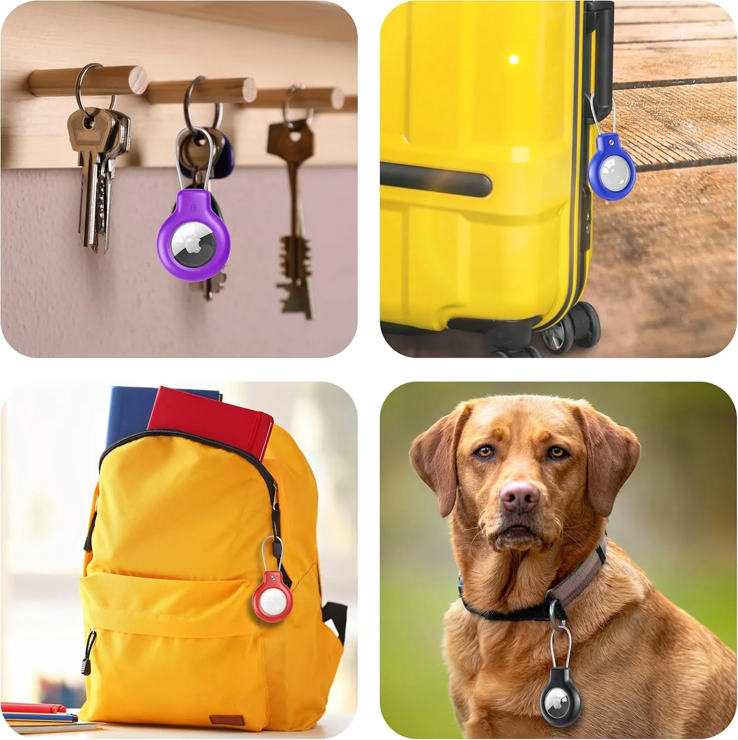 IP68 Waterproof Airtag Holder for Apple Airtag Secure with Wire Cable, 4 Pack of Airtag Keychain Holder for Key, Kid, Bag, Luggage, Pets Collar (Black Blue Red Purple)
