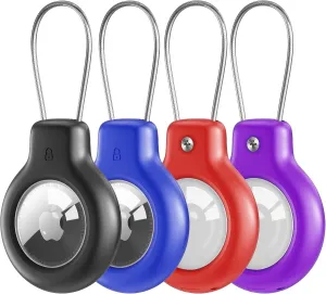 IP68 Waterproof Airtag Holder for Apple Airtag Secure with Wire Cable, 4 Pack of Airtag Keychain Holder for Key, Kid, Bag, Luggage, Pets Collar (Black Blue Red Purple)