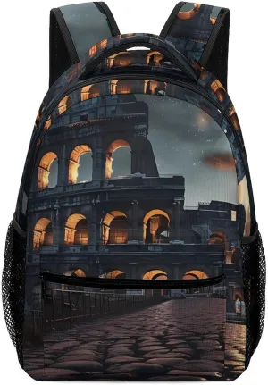 Italy Ancient Roman Landmarks Night Backpack Travel Backpack Casual Travel Bag Lightweight Daypack Work Bag Business Backpack for Adult