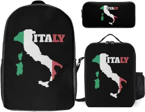 Italy Map Flag Fashion 17 in Backpack 3PC Sets Cute Printed Insulated Lunch Bag Set with Pencil Case
