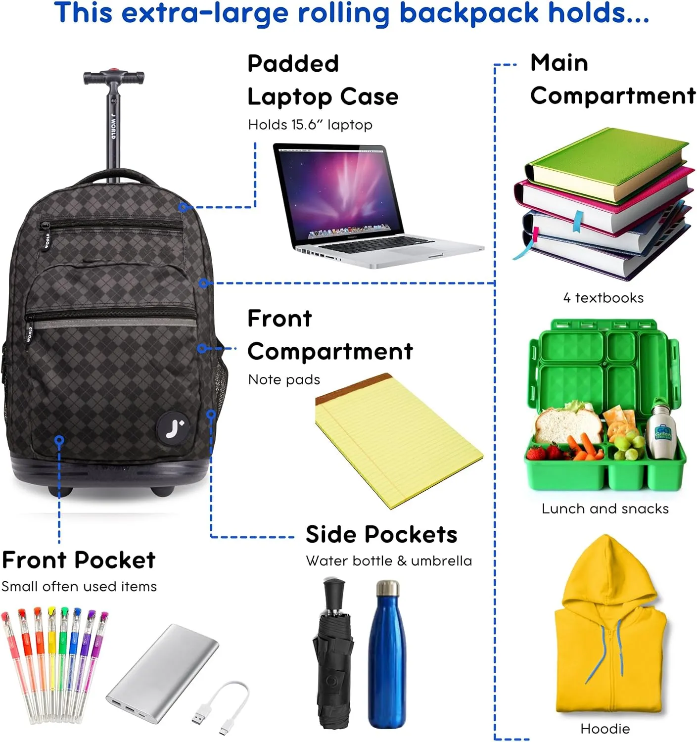 J World New York Sundance Rolling Backpack Girl Boy Roller Bookbag, Argyle Black, 20 Inch