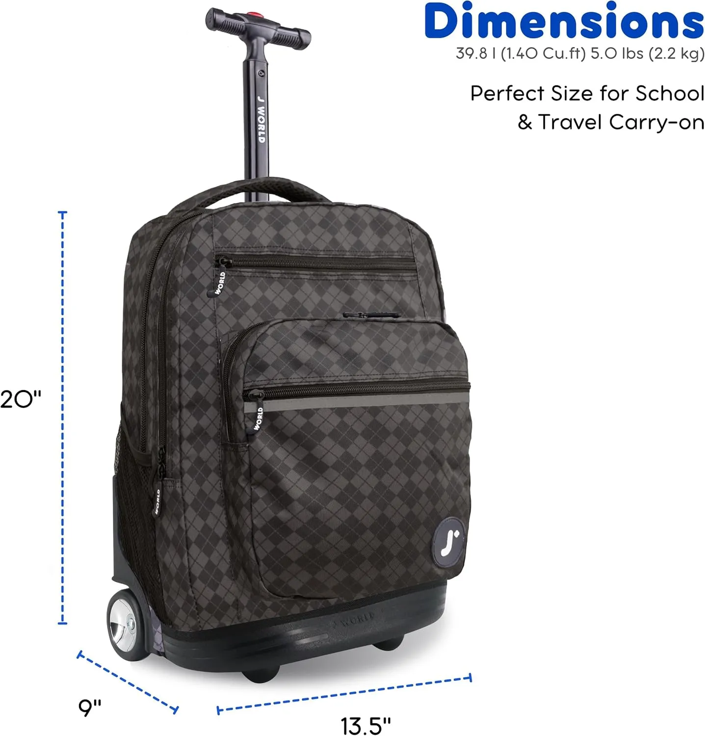 J World New York Sundance Rolling Backpack Girl Boy Roller Bookbag, Argyle Black, 20 Inch