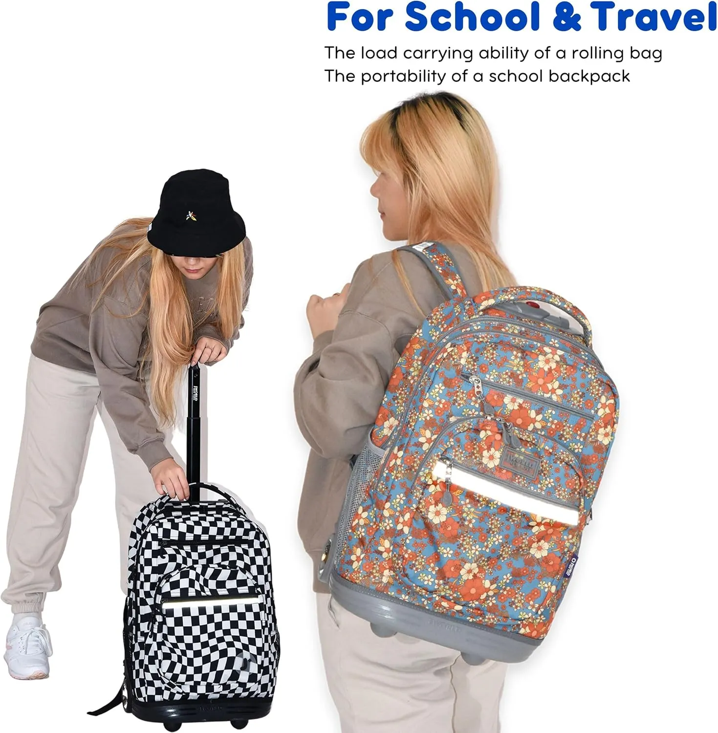 J World New York Sundance Rolling Backpack Girl Boy Roller Bookbag, Argyle Black, 20 Inch
