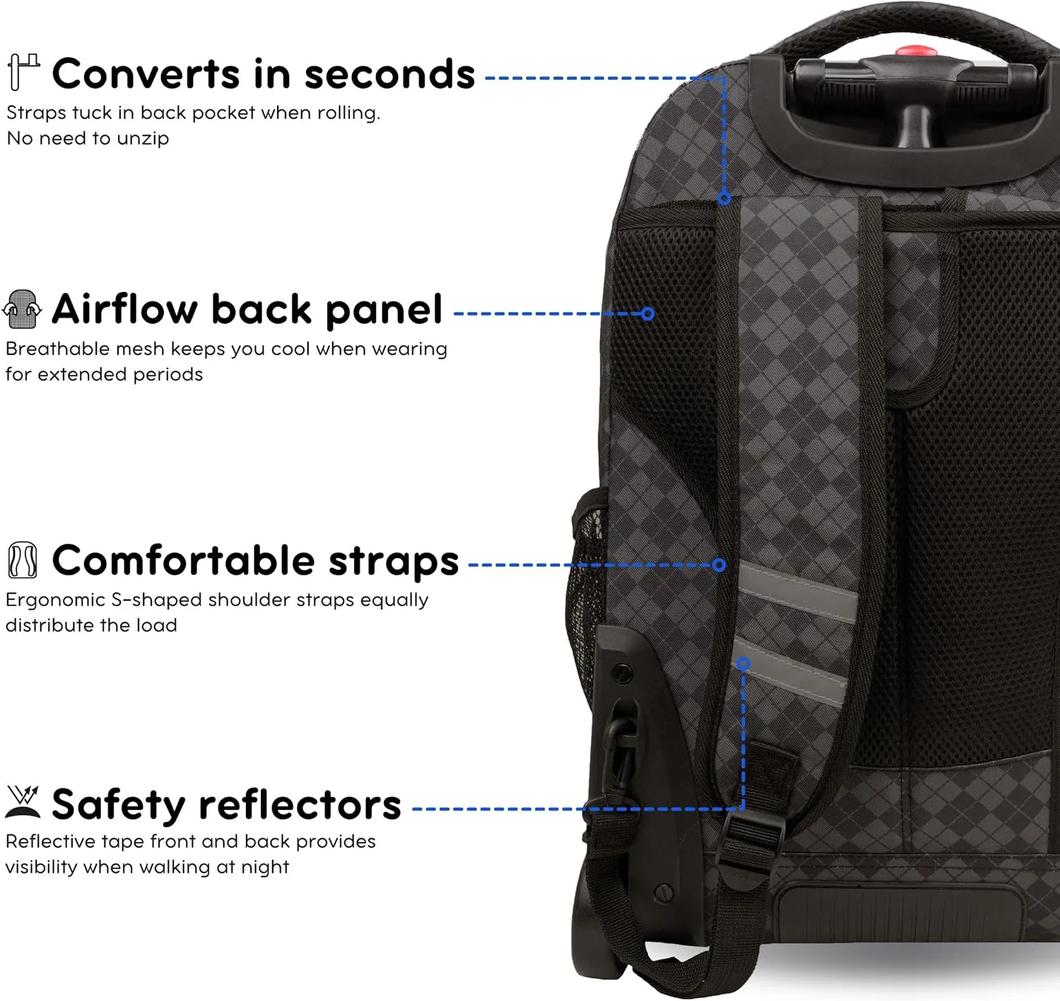 J World New York Sundance Rolling Backpack Girl Boy Roller Bookbag, Argyle Black, 20 Inch