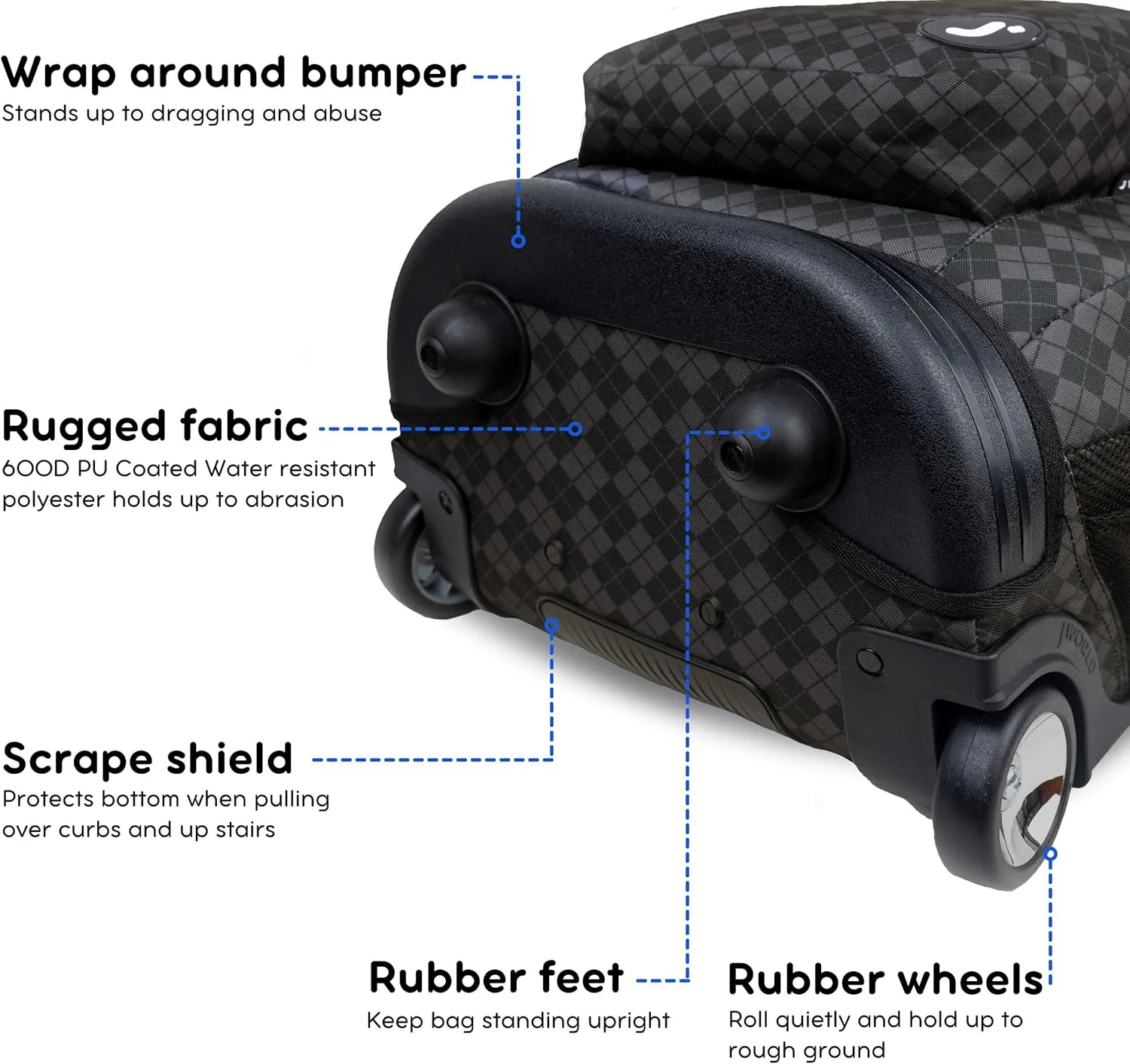 J World New York Sundance Rolling Backpack Girl Boy Roller Bookbag, Argyle Black, 20 Inch