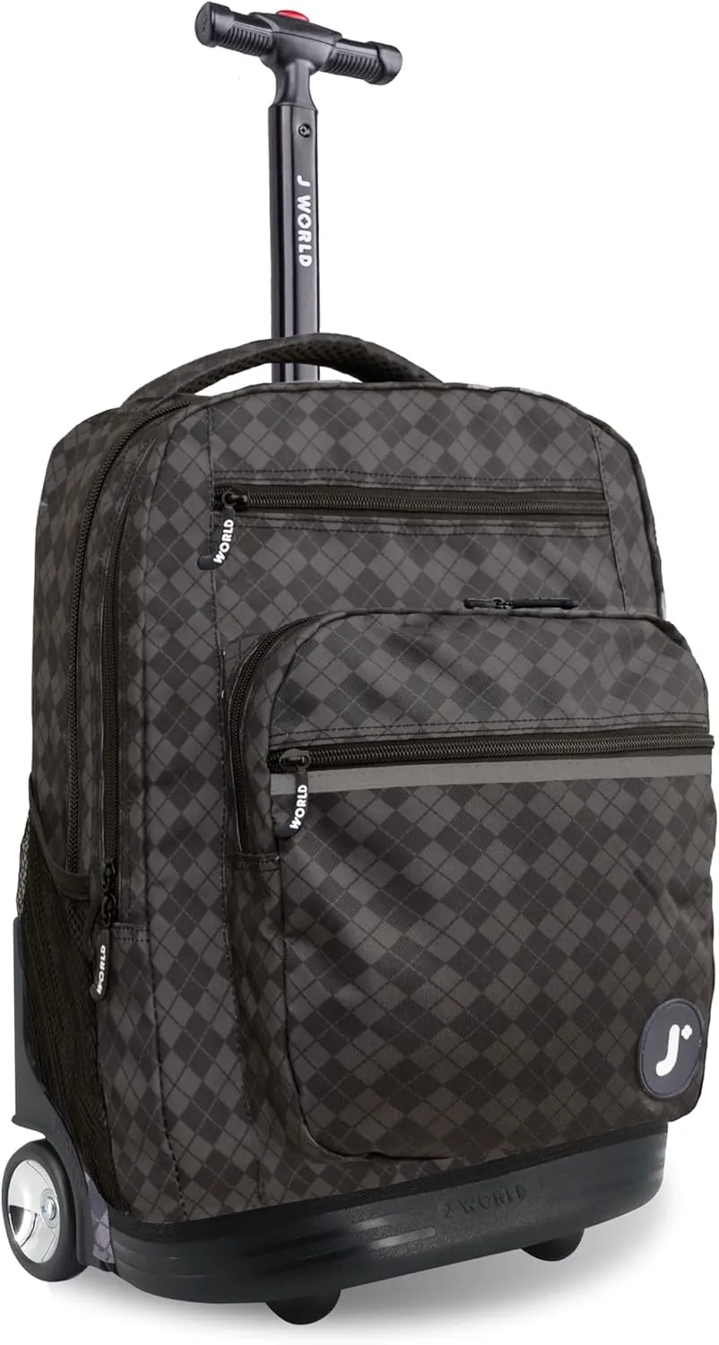 J World New York Sundance Rolling Backpack Girl Boy Roller Bookbag, Argyle Black, 20 Inch
