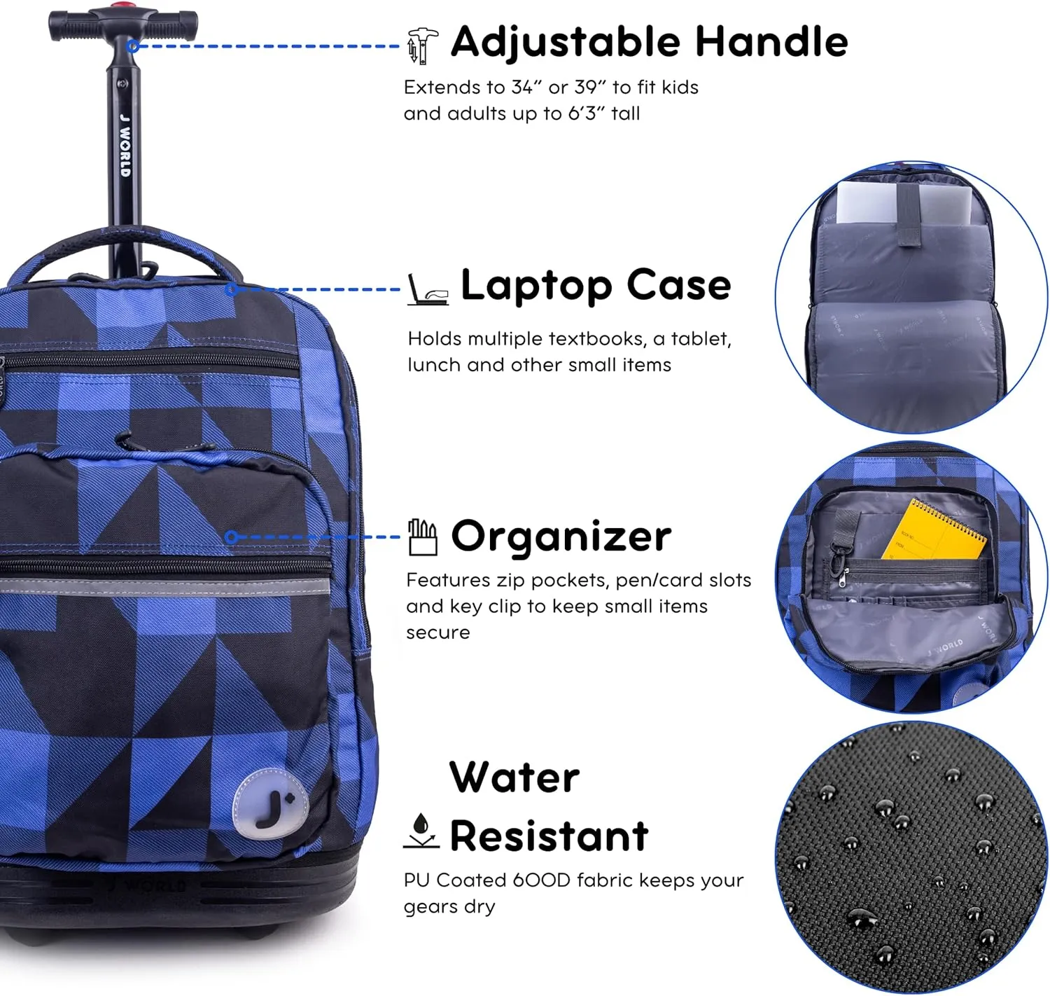 J World New York Sundance Rolling Backpack Girl Boy Roller Bookbag, Block Navy, 20 Inch