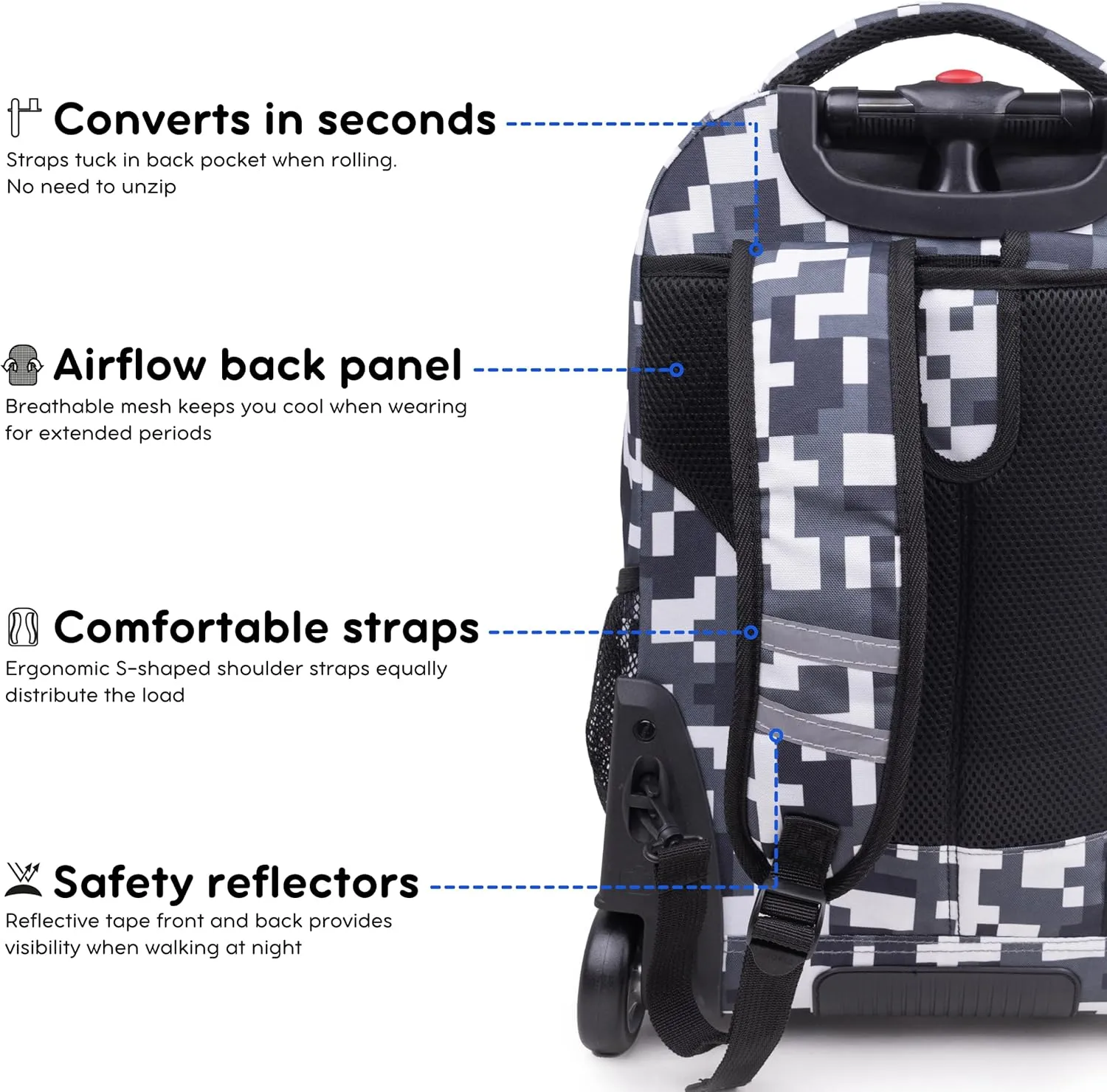 J World New York Sundance Rolling Backpack Girl Boy Roller Bookbag, CAMO, 20 Inch