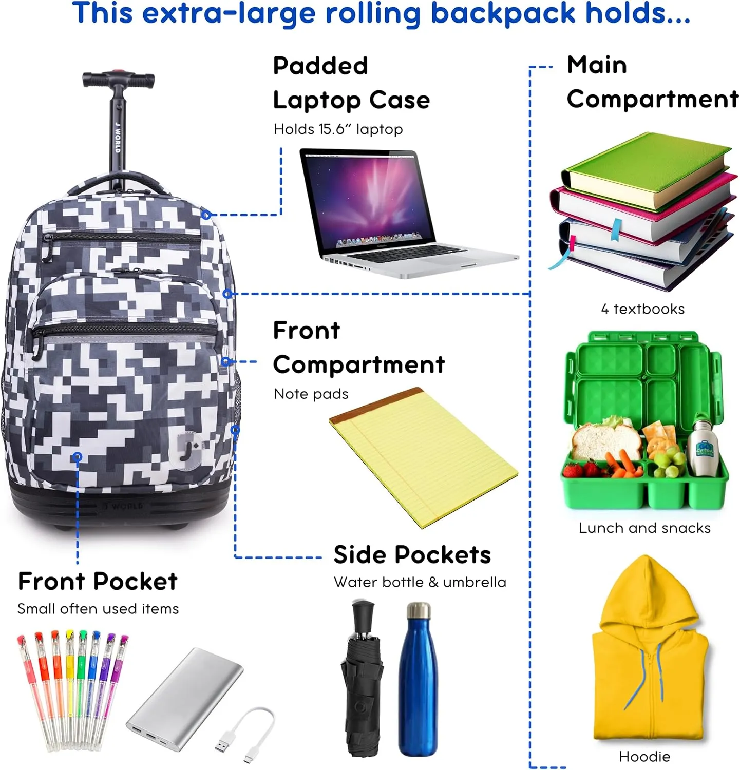 J World New York Sundance Rolling Backpack Girl Boy Roller Bookbag, CAMO, 20 Inch