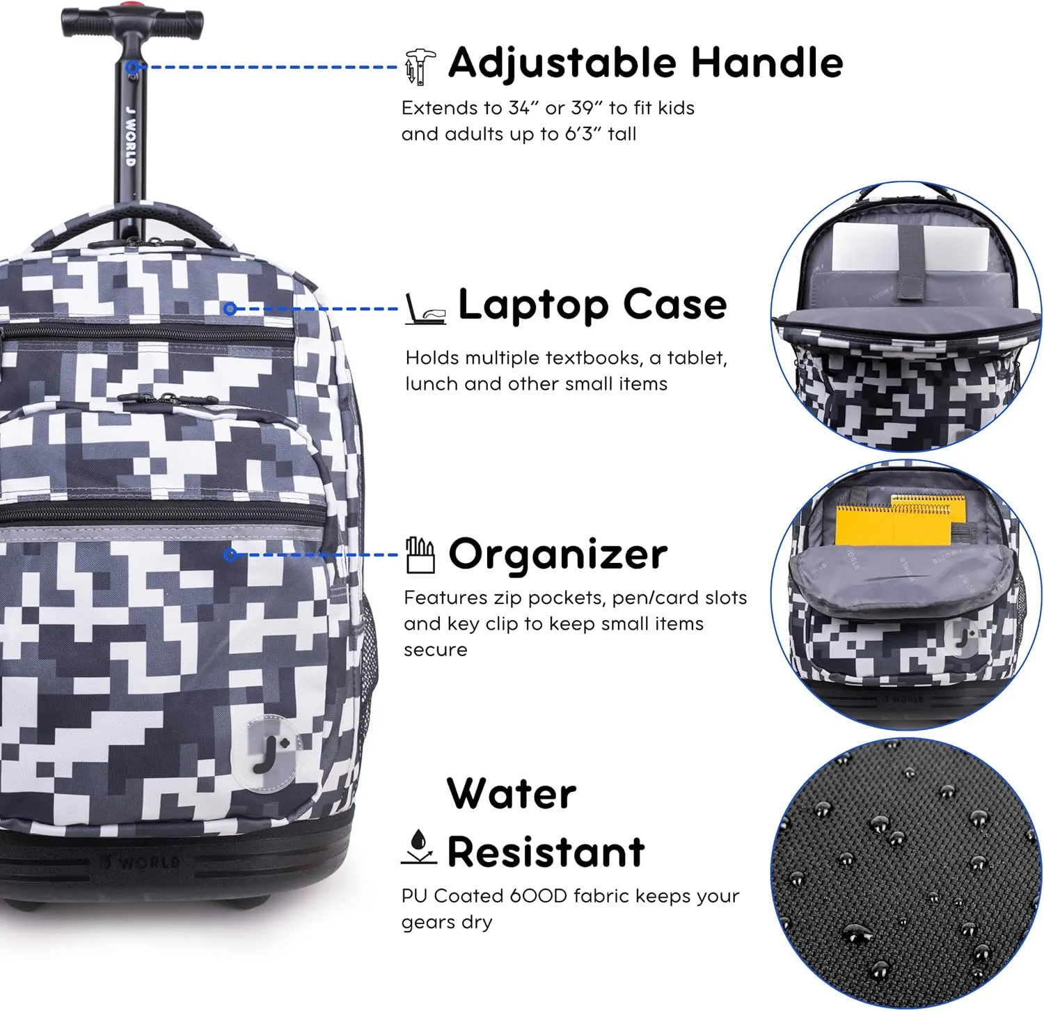 J World New York Sundance Rolling Backpack Girl Boy Roller Bookbag, CAMO, 20 Inch