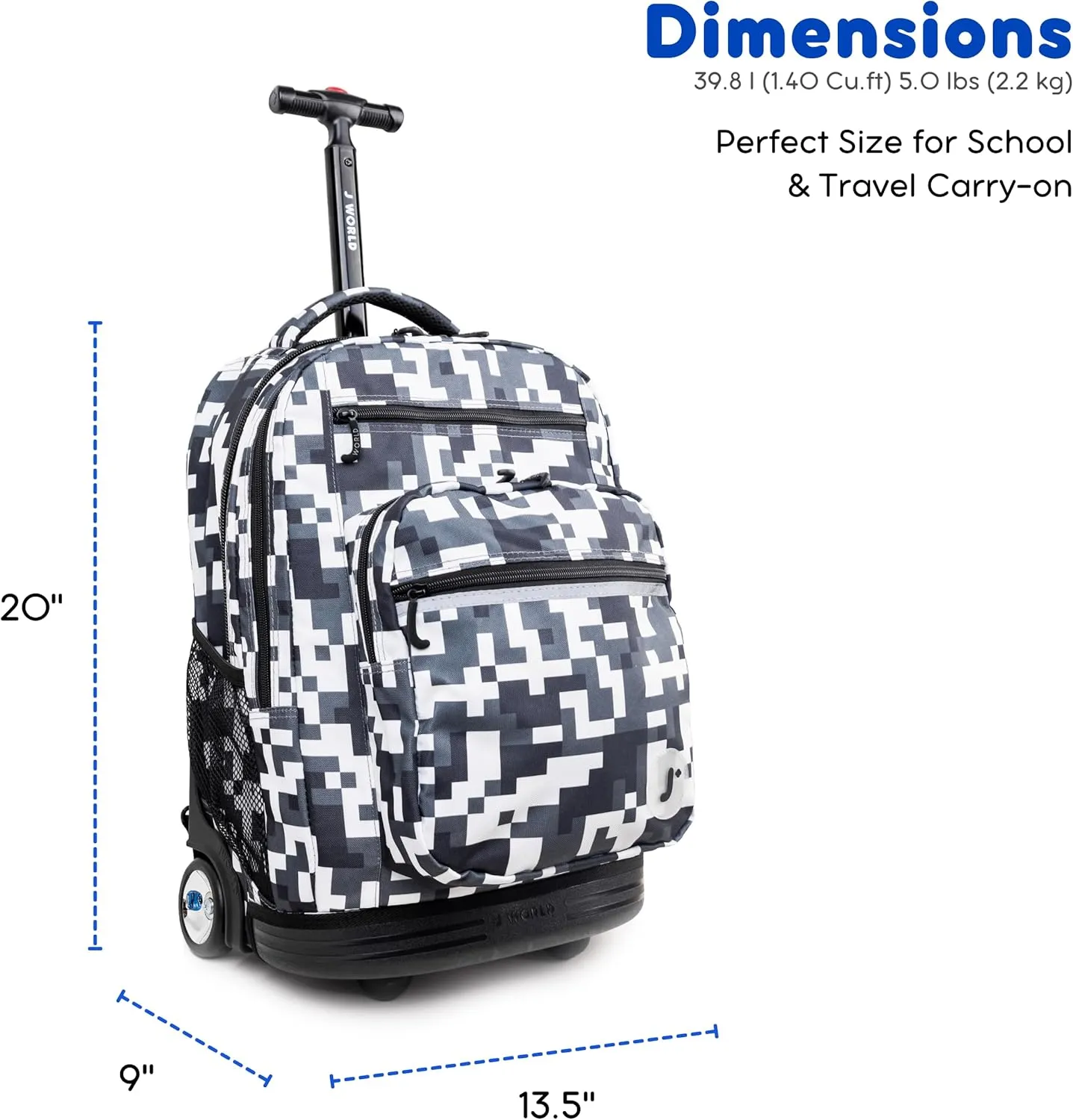 J World New York Sundance Rolling Backpack Girl Boy Roller Bookbag, CAMO, 20 Inch