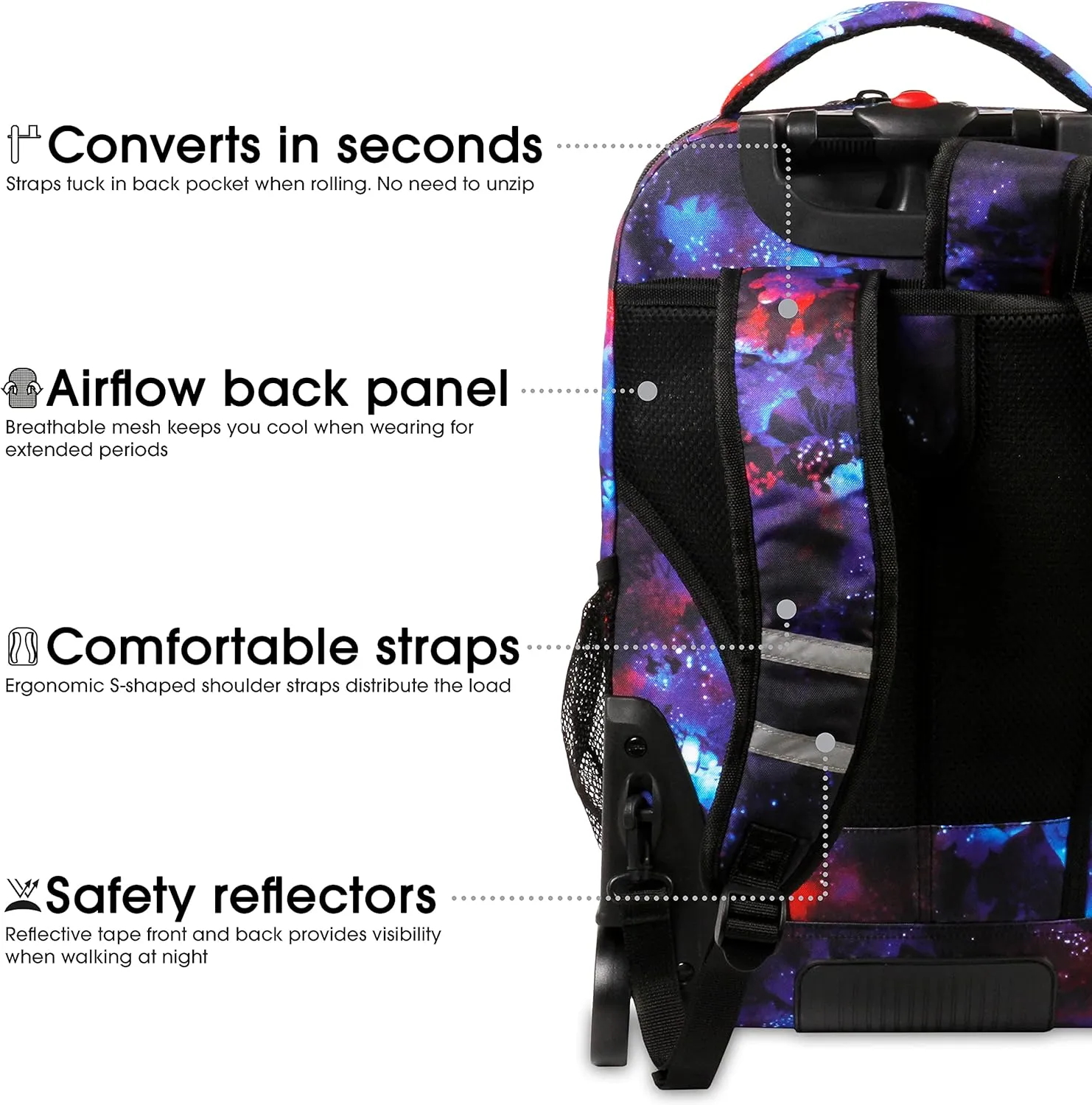 J World New York Sundance Rolling Backpack Girl Boy Roller Bookbag, Galaxy, 20 Inch