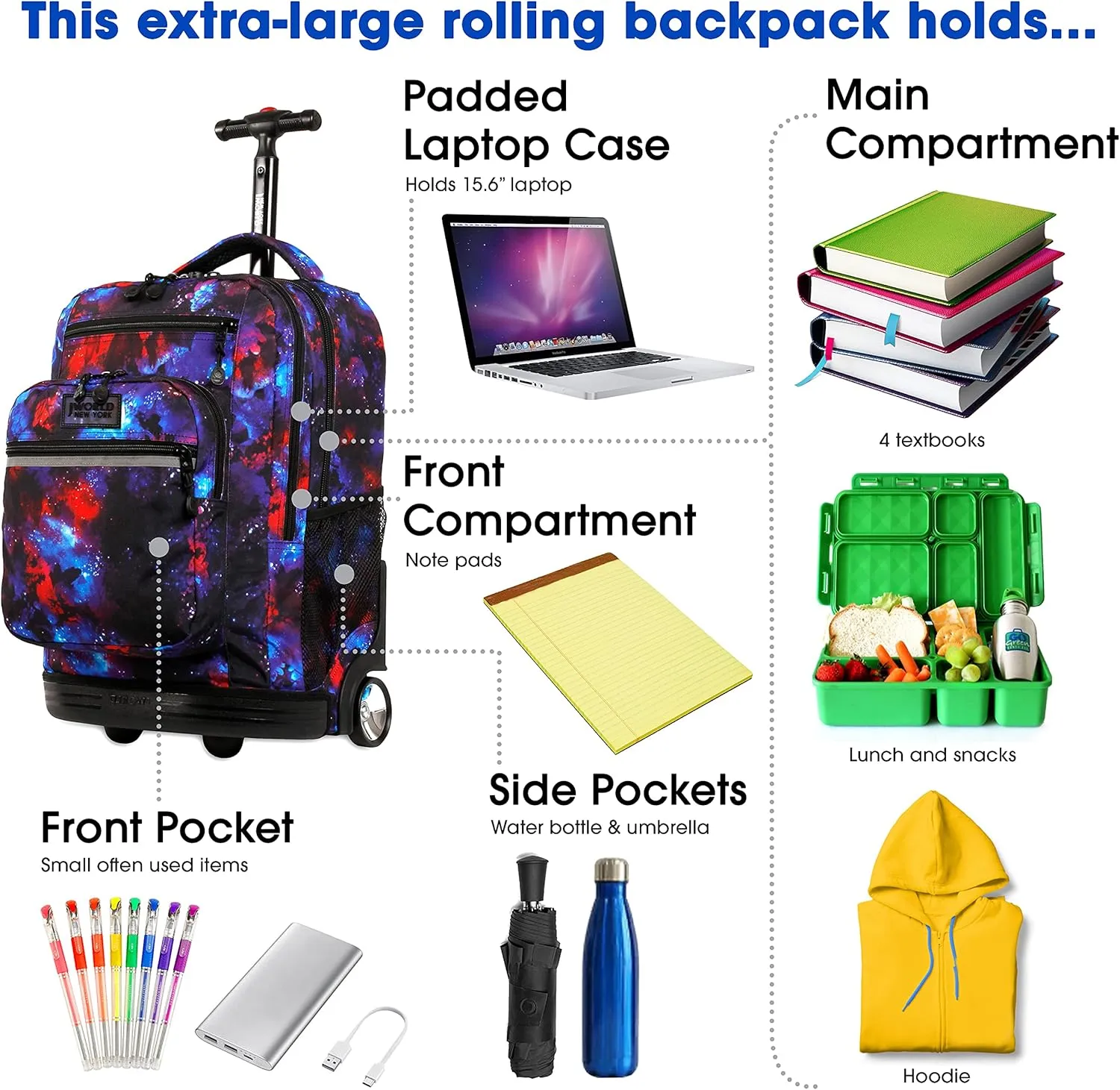 J World New York Sundance Rolling Backpack Girl Boy Roller Bookbag, Galaxy, 20 Inch