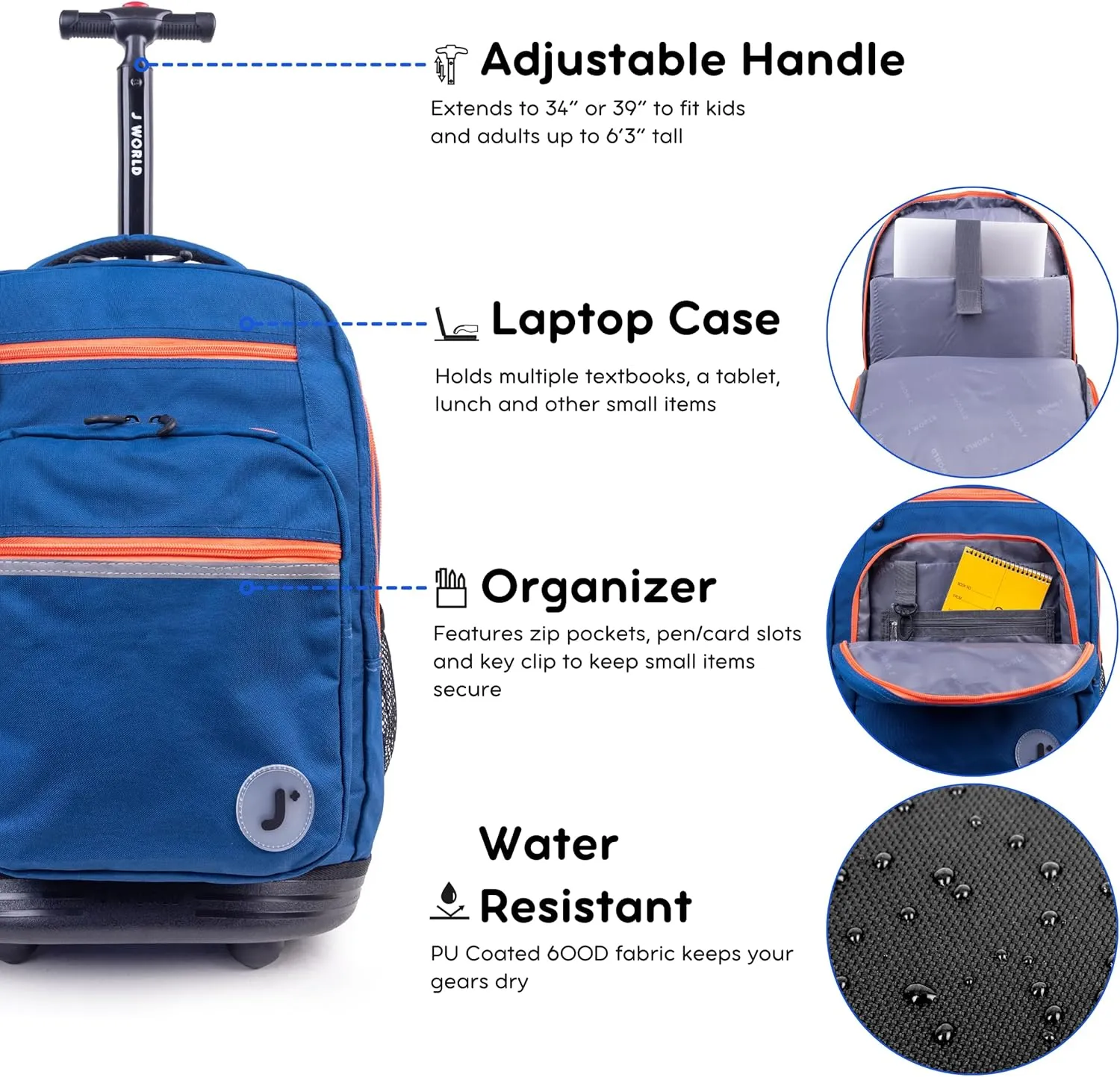 J World New York Sundance Rolling Backpack Girl Boy Roller Bookbag, Navy, 20 Inch