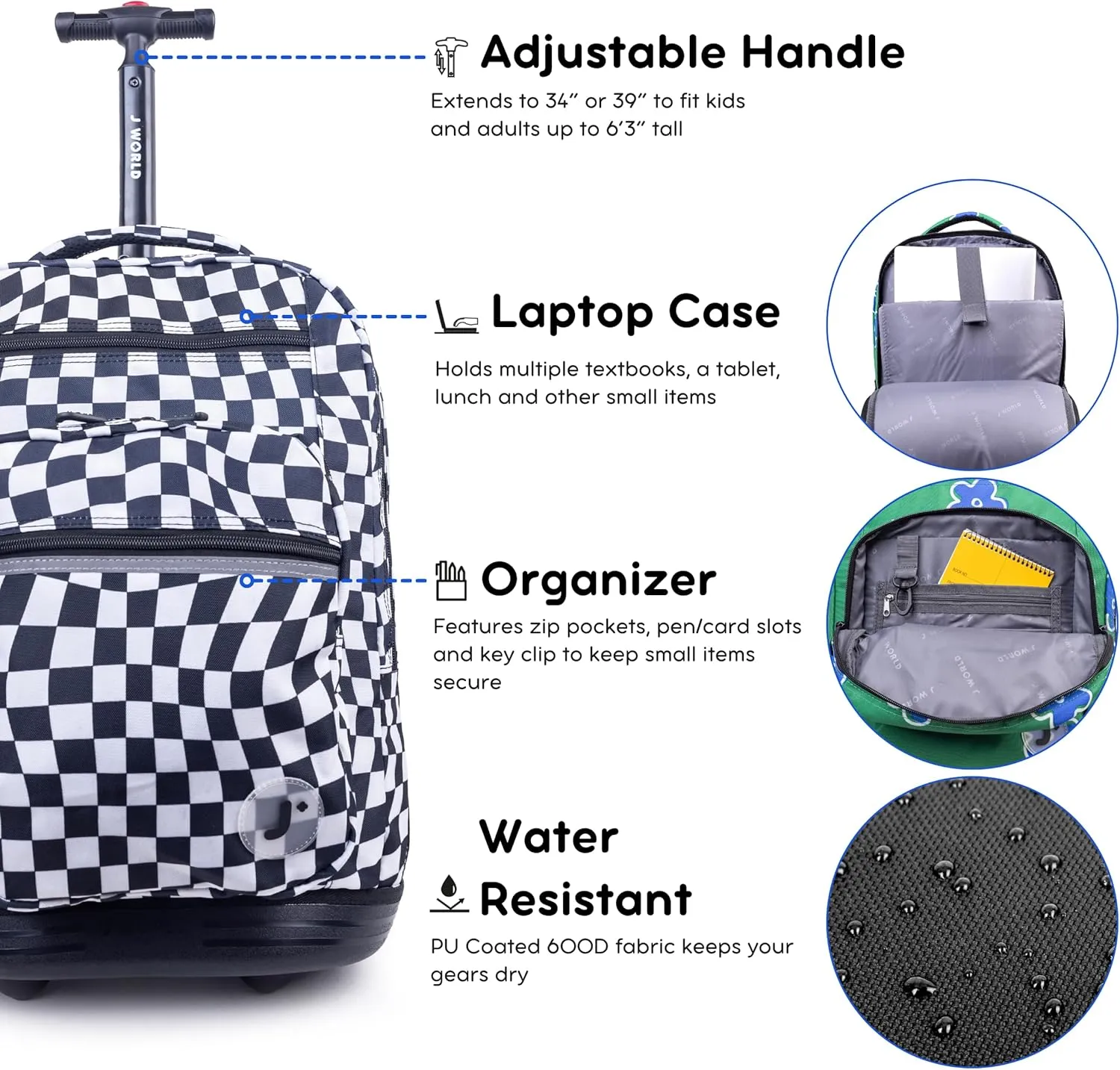 J World New York Sundance Rolling Backpack Girl Boy Roller Bookbag, Wavy Checkers, 20 Inch