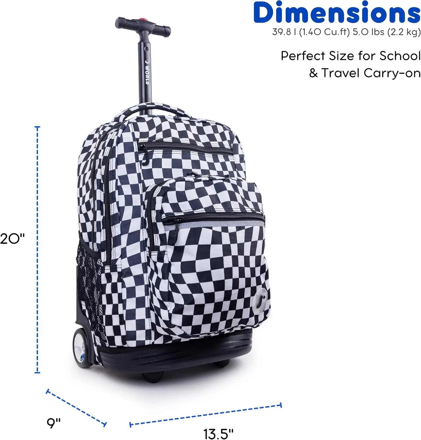 J World New York Sundance Rolling Backpack Girl Boy Roller Bookbag, Wavy Checkers, 20 Inch