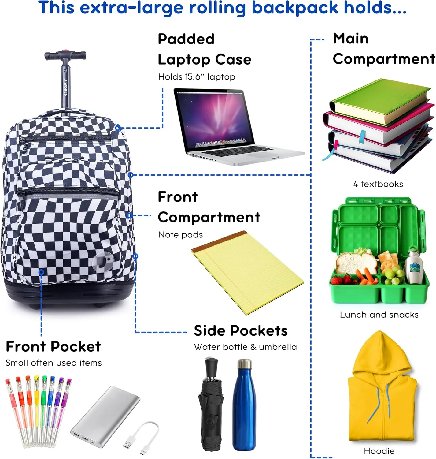 J World New York Sundance Rolling Backpack Girl Boy Roller Bookbag, Wavy Checkers, 20 Inch