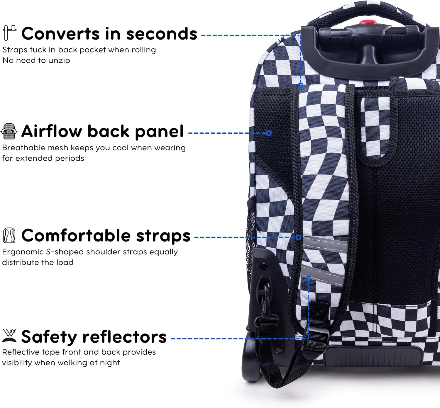 J World New York Sundance Rolling Backpack Girl Boy Roller Bookbag, Wavy Checkers, 20 Inch
