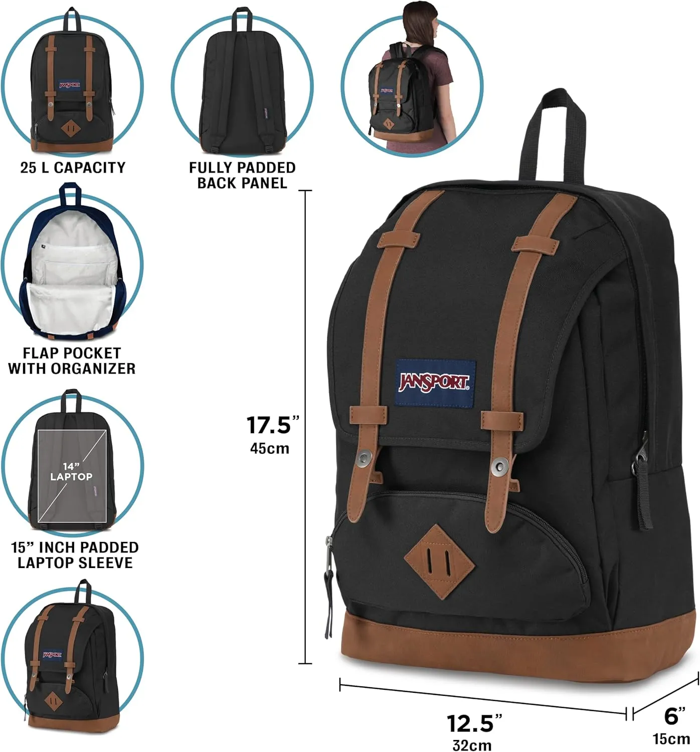 JanSport Cortlandt Laptop Backpack, Navy, 15” Laptop Sleeve-Synthetic Leather Shoulder Computer Bag with Large Compartment, Padded Straps- Rucksack for Men, Women