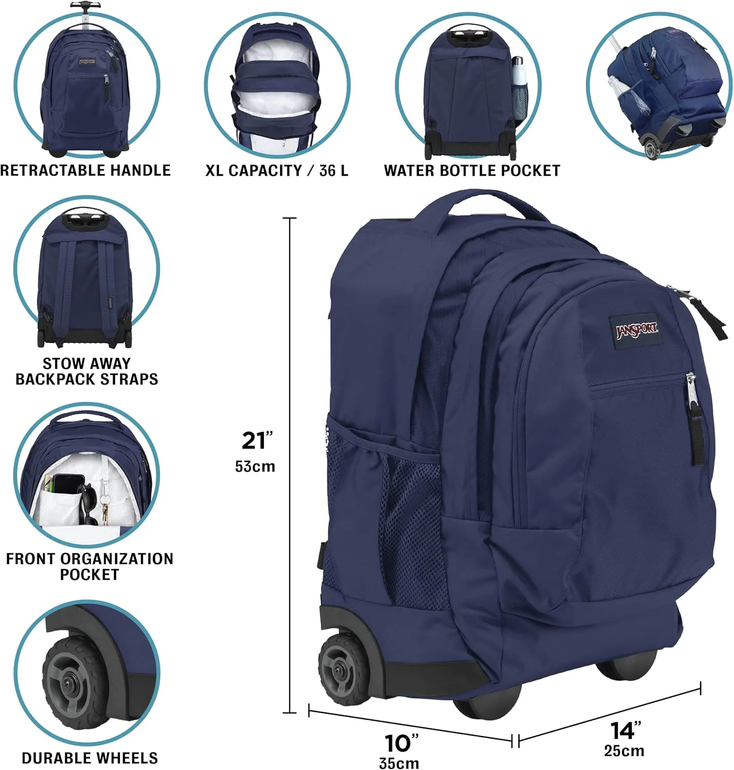 JanSport Driver 8 Rolling Backpack - Wheeled Travel Bag with 15-Inch Laptop Sleeve, One Size, Daisy Haze