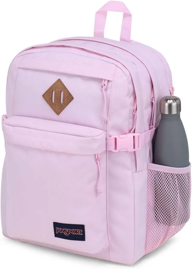 JanSport Main Campus FX Backpack - Travel or Work Bag w 15-Inch Laptop Pack with Leather Trim, Pink Ice