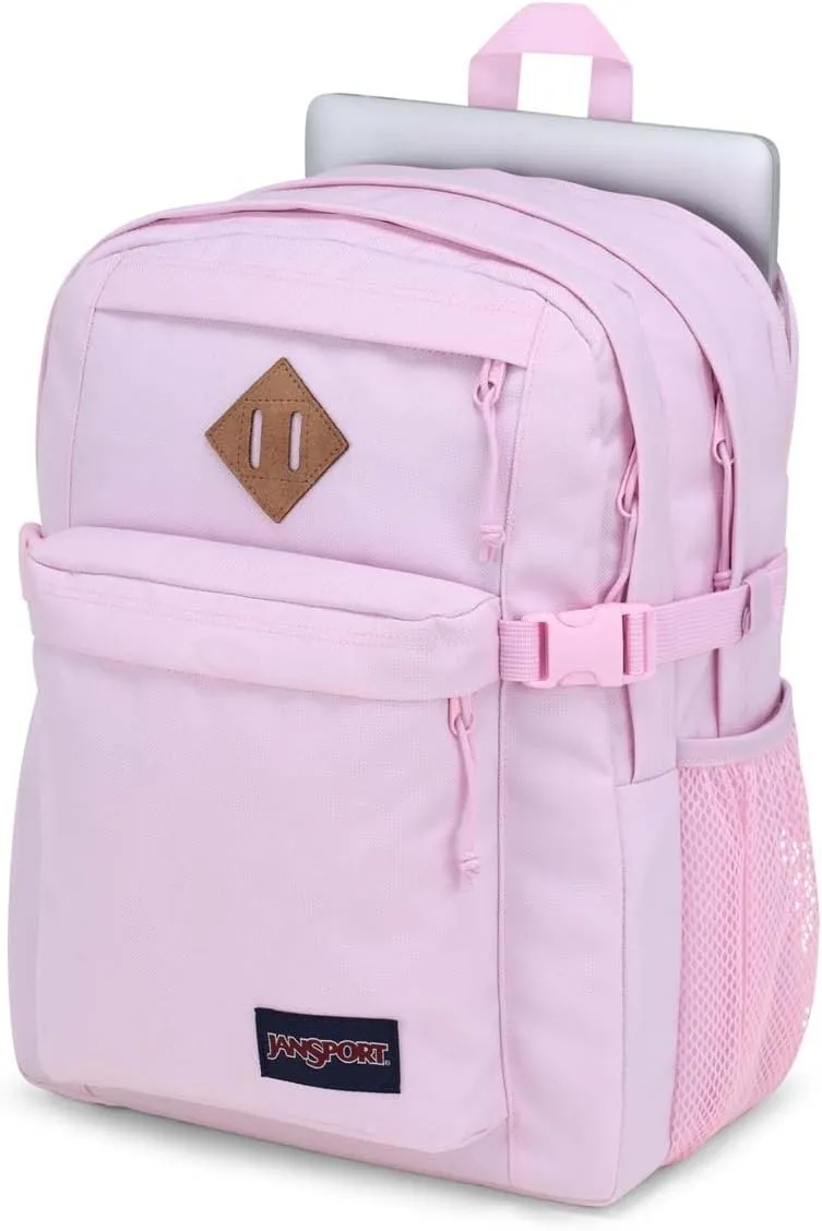 JanSport Main Campus FX Backpack - Travel or Work Bag w 15-Inch Laptop Pack with Leather Trim, Pink Ice