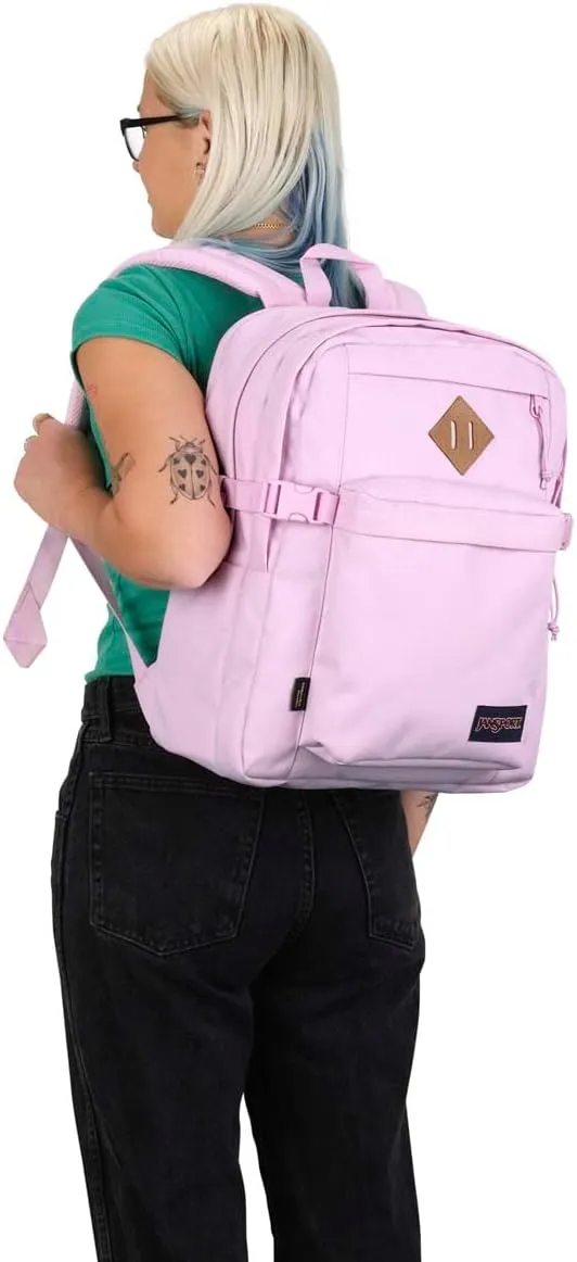 JanSport Main Campus FX Backpack - Travel or Work Bag w 15-Inch Laptop Pack with Leather Trim, Pink Ice