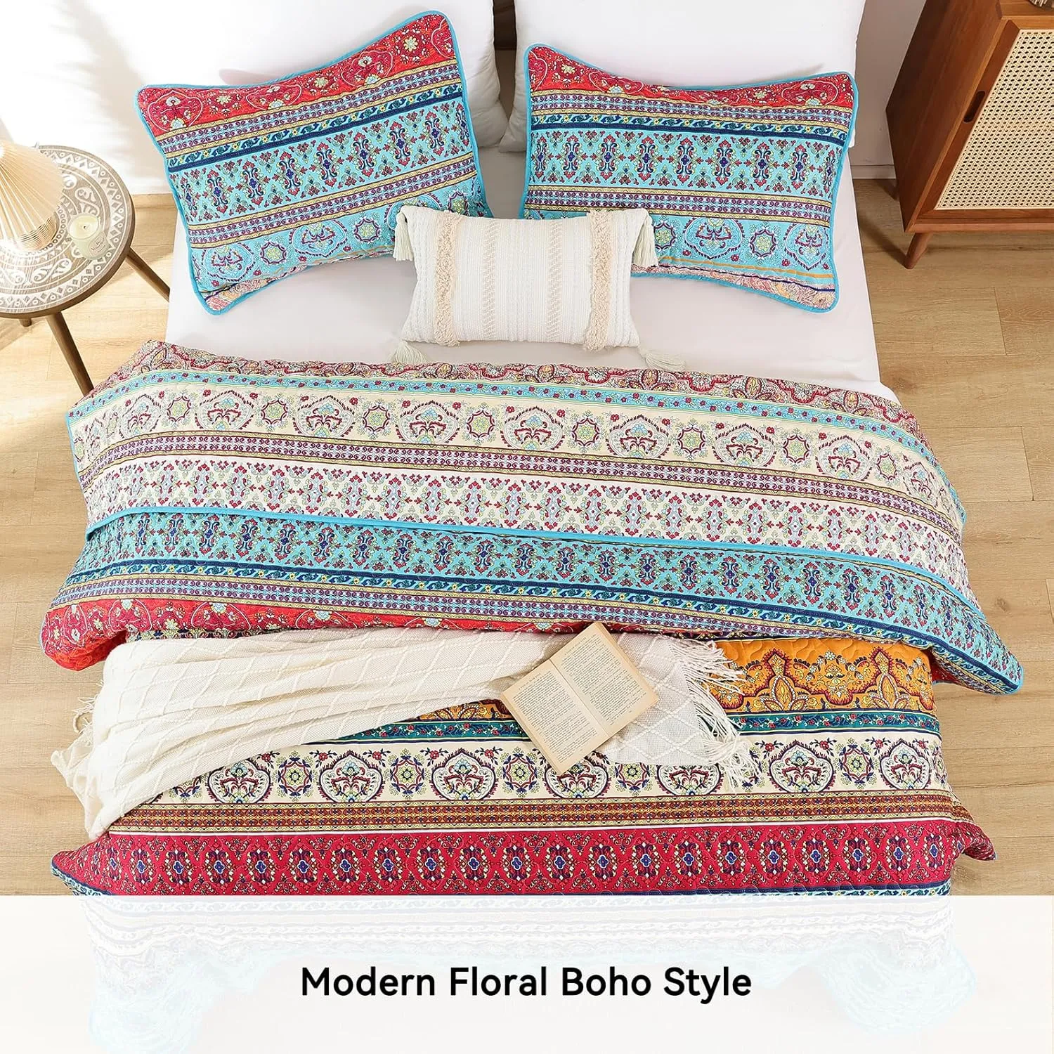 JANZAA Boho Bedding Quilt Set Queen Size – Lightweight Floral Bohemian Bedspread Coverlet, Soft Polyester Bedding Set for All Season, Machine Washable(Two Pillow Cases)