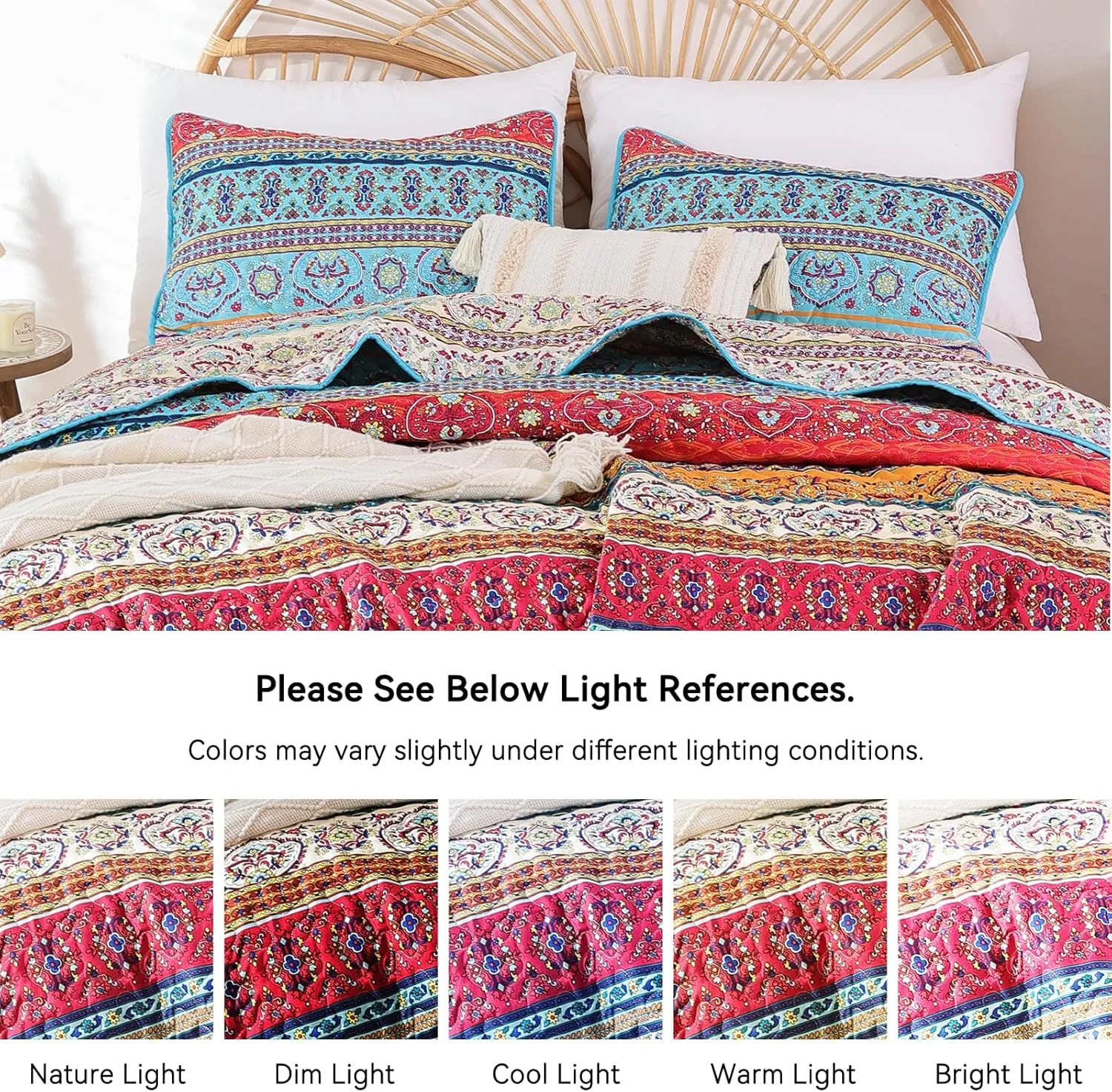 JANZAA Boho Bedding Quilt Set Queen Size – Lightweight Floral Bohemian Bedspread Coverlet, Soft Polyester Bedding Set for All Season, Machine Washable(Two Pillow Cases)