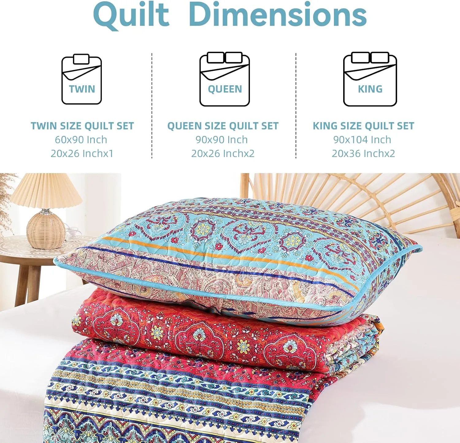 JANZAA Boho Bedding Quilt Set Queen Size – Lightweight Floral Bohemian Bedspread Coverlet, Soft Polyester Bedding Set for All Season, Machine Washable(Two Pillow Cases)