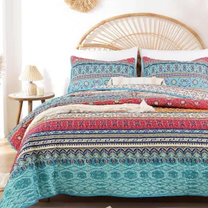 JANZAA Boho Bedding Quilt Set Queen Size – Lightweight Floral Bohemian Bedspread Coverlet, Soft Polyester Bedding Set for All Season, Machine Washable(Two Pillow Cases)