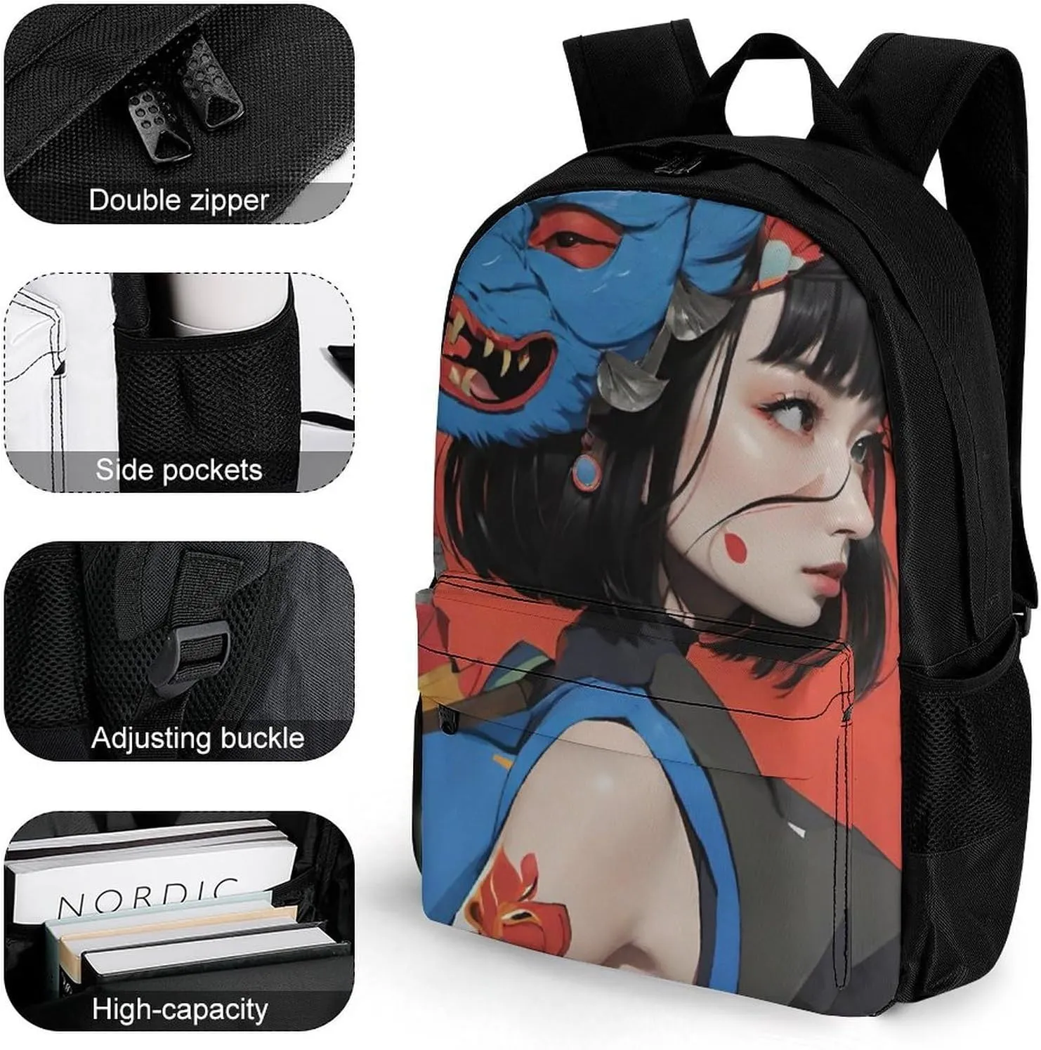 Japan Anime Cute Aesthetic Woman Warrior Art Shoulder Book Bags Polyester Multipurpose Anti-Theft Carry On Bag Large Capacity Travel Hiking & Camping Rucksack
