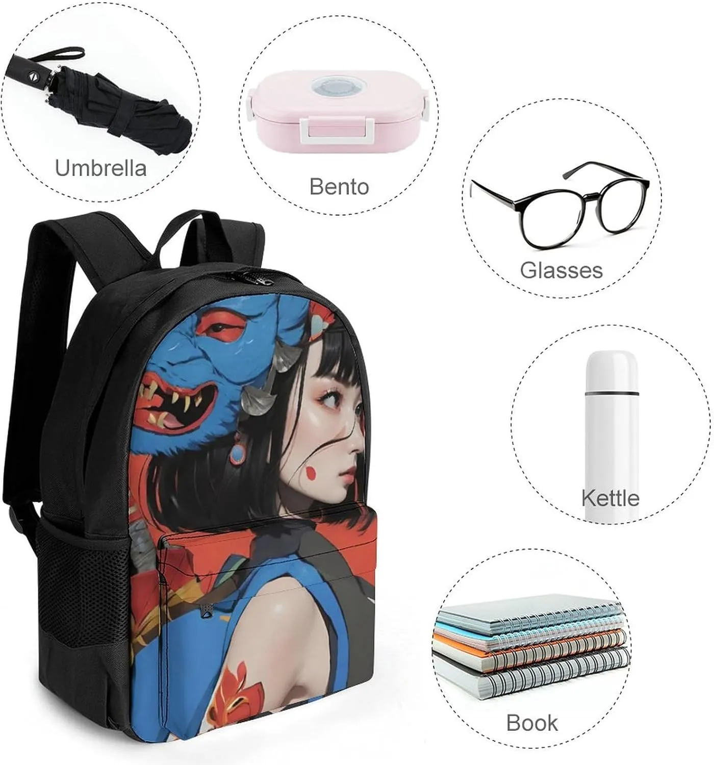 Japan Anime Cute Aesthetic Woman Warrior Art Shoulder Book Bags Polyester Multipurpose Anti-Theft Carry On Bag Large Capacity Travel Hiking & Camping Rucksack