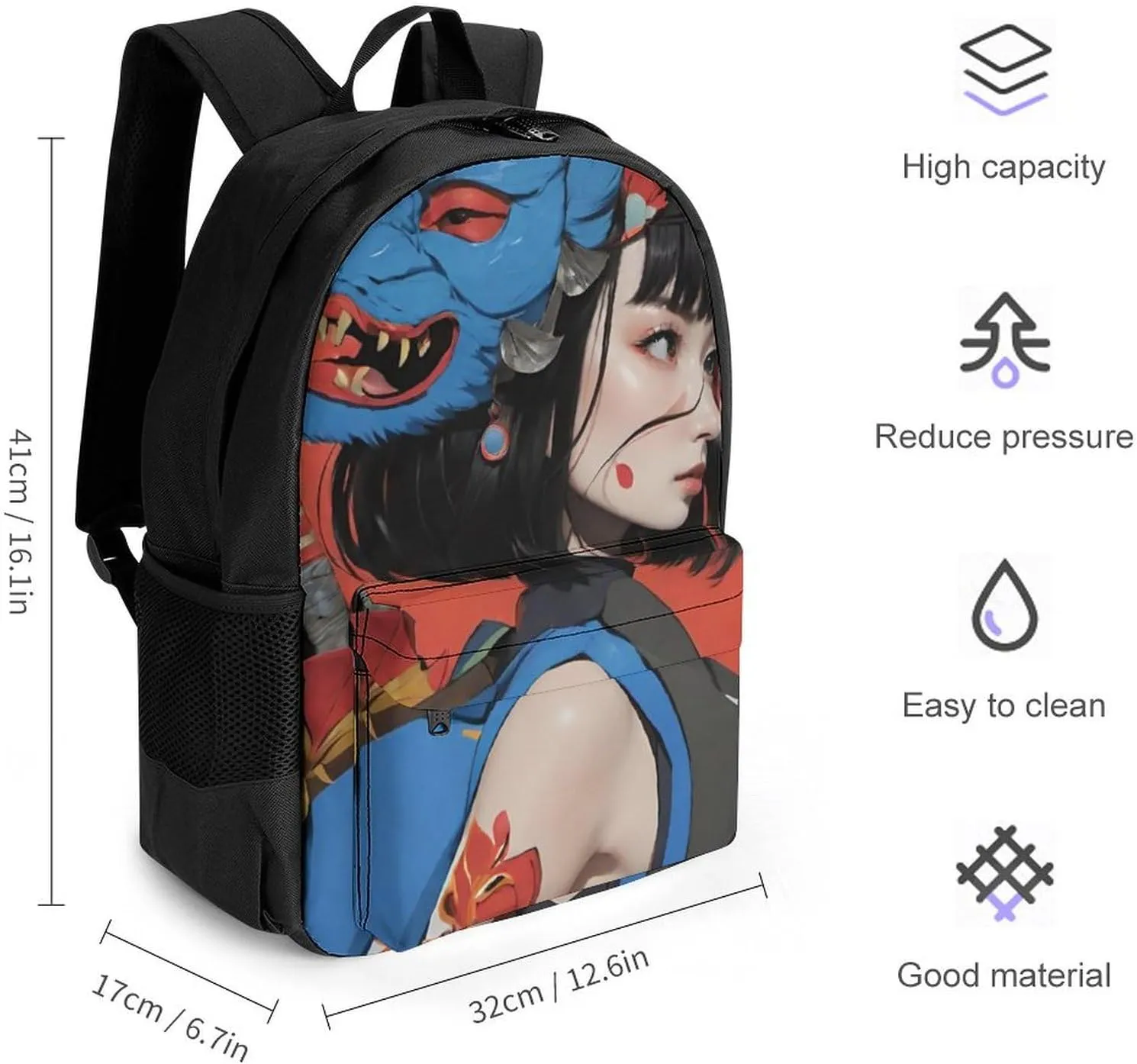 Japan Anime Cute Aesthetic Woman Warrior Art Shoulder Book Bags Polyester Multipurpose Anti-Theft Carry On Bag Large Capacity Travel Hiking & Camping Rucksack