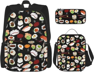 Japanese Sushi Black Print Versatile Adjustable Shoulder Fashion Backpack Lunch Bag Pencil Case Large Capacity