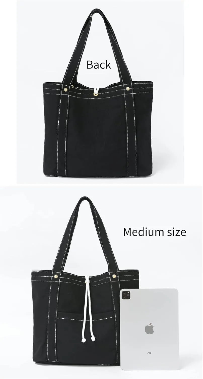 Jeelow 16oz Washed Canvas Tote Handbag Shoulder Bag with Pockets for Men & Women - Lightweight Casual Everyday Bag (Black White String)