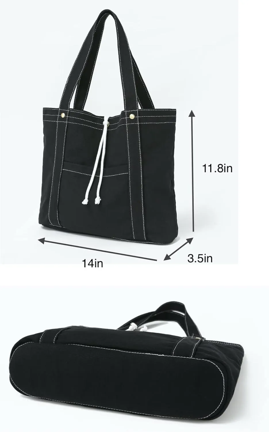 Jeelow 16oz Washed Canvas Tote Handbag Shoulder Bag with Pockets for Men & Women - Lightweight Casual Everyday Bag (Black White String)