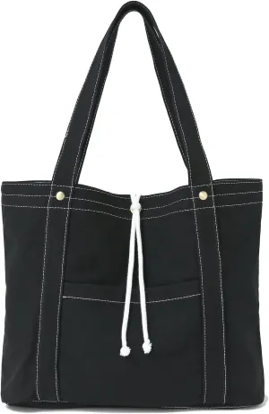 Jeelow 16oz Washed Canvas Tote Handbag Shoulder Bag with Pockets for Men & Women - Lightweight Casual Everyday Bag (Black White String)
