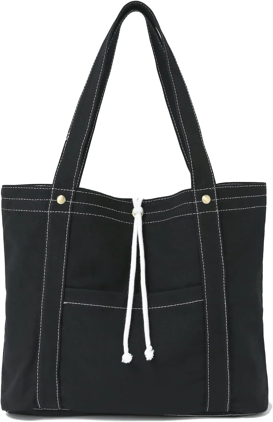 Jeelow 16oz Washed Canvas Tote Handbag Shoulder Bag with Pockets for Men & Women - Lightweight Casual Everyday Bag (Black White String)
