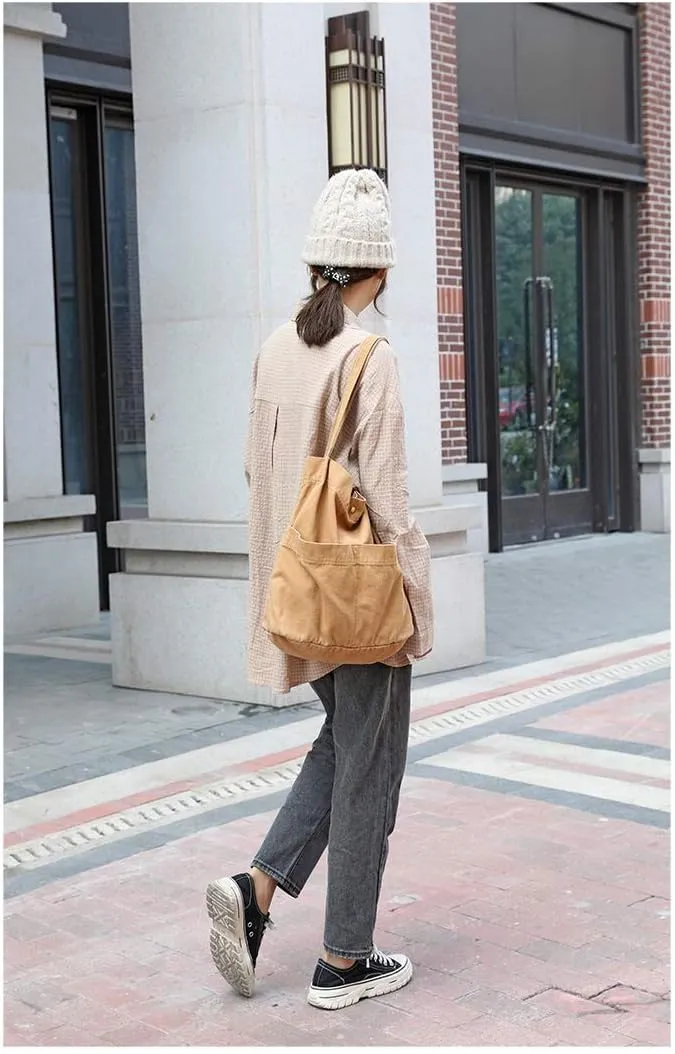 Jeelow Canvas Tote Handbag Shoulder Bucket Bag Purses For Men & Women With Pockets