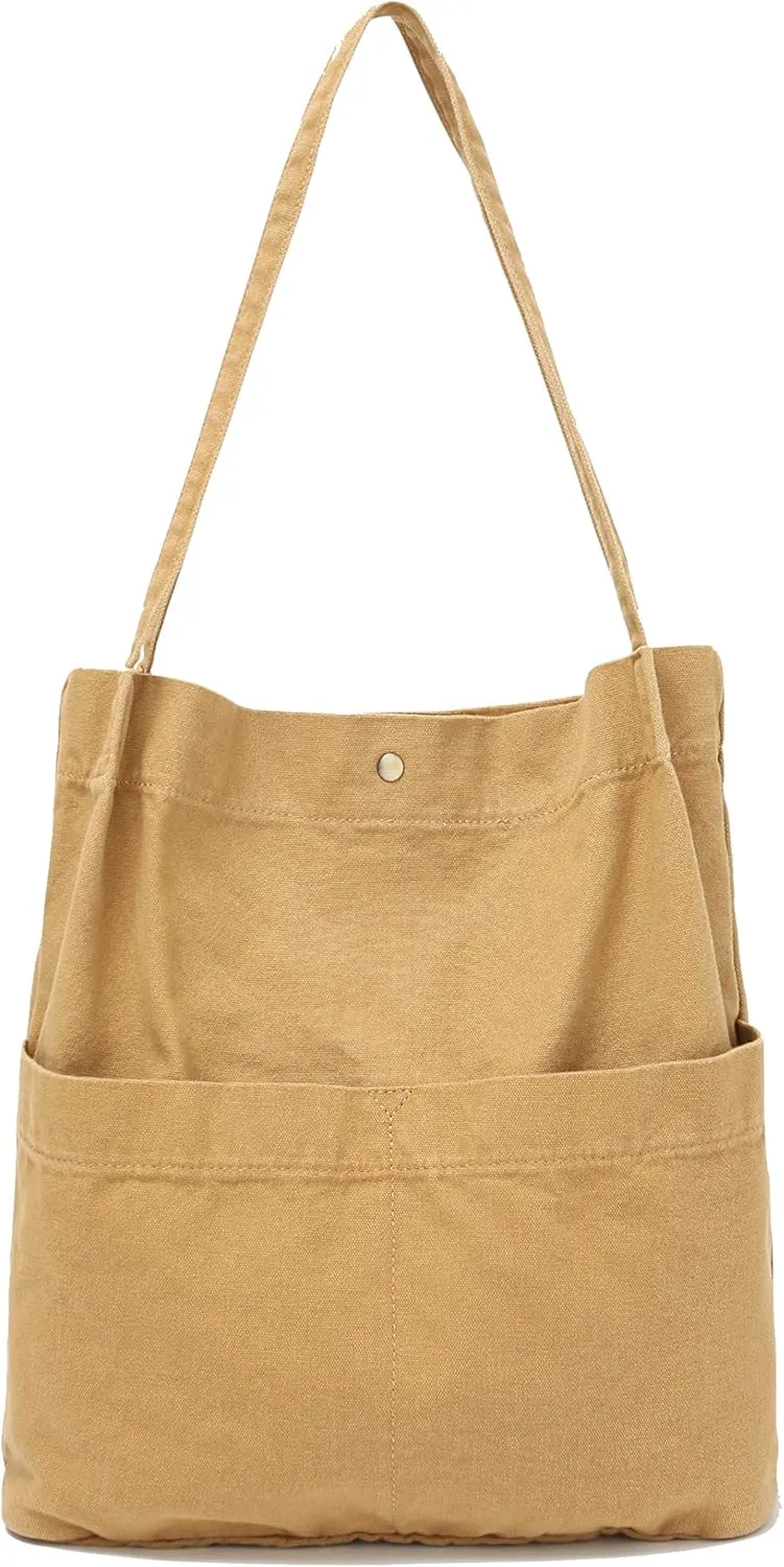 Jeelow Canvas Tote Handbag Shoulder Bucket Bag Purses For Men & Women With Pockets