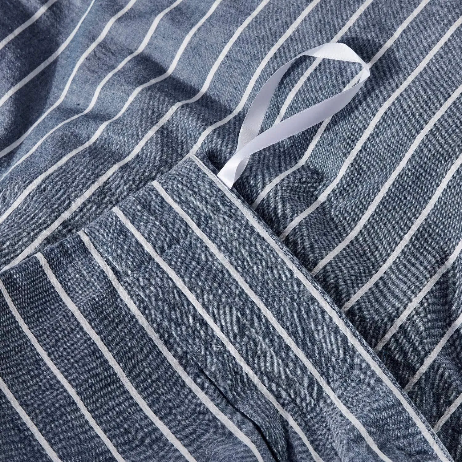 JELLYMONI Cotton Duvet Cover Queen Size - Blue Pinstriped Comforter Cover with Button 100% Washed Cotton 3PCS Breathable Soft Solid Bedding Set Duvet Cover 90×90in & 2 Pillowcases (NO Comforter)